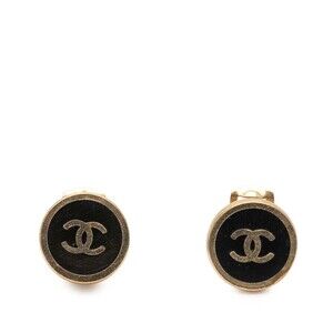 Pre-Loved Chanel Gold Plated and Enamel CC Round Button Clip On Earrings